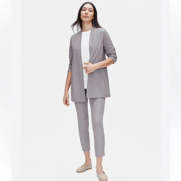 Eileen Fisher Washable Stretch Crepe Long Open Front Jacket Gray Petite Large - Picture 1 of 9